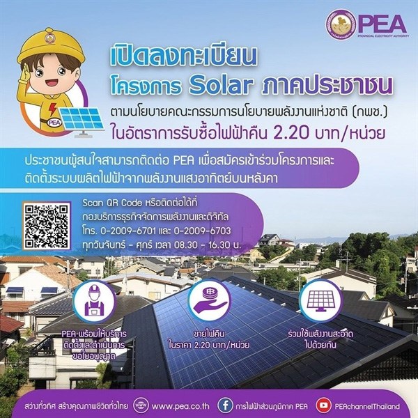 PEA เปิดลงทะเบียนโครงการ Solar ภาคประชาชนตามนโยบายคณะกรรมการนโยบายพลังงานแห่งชาติ (กพช.) ในอัตราการรับซื้อไฟฟ้าคืน 2.20 บาท/หน่วย