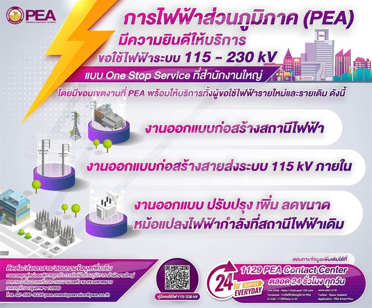 การไฟฟ้าส่วนภูมิภาค (PEA) พร้อมให้บริการขอใช้ไฟฟ้าระบบ 115 - 230kV แบบ One Stop Service ที่การไฟฟ้าส่วนภูมิภาค สำนักงานใหญ่
