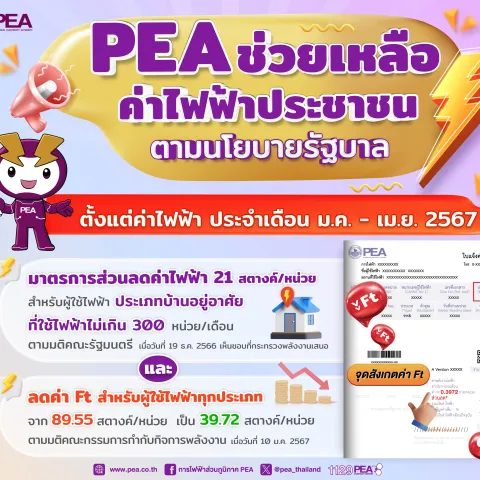 PEA แจ้งมาตรการช่วยเหลือผู้ใช้ไฟฟ้า ตั้งแต่ใบแจ้งค่าไฟฟ้าประจำเดือนมกราคม – เมษายน 2567
