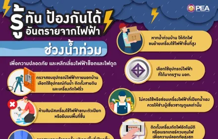 PEA แนะนำการใช้ไฟฟ้า ในกรณีที่มีน้ำท่วมหรือน้ำท่วมขัง  ช่วงน้ำท่วม อย่ามองข้าม!! ภัยจากไฟฟ้าช็อตหรือไฟดูด ป้องกันได้ง่าย ๆ แค่รู้วิธี และไม่ประมาท  🛑 ข้อควรระวัง เพื่อความปลอดภัยในบ้านคุณ ✅ ตรวจสอบอุปกรณ์ไฟฟ้าภายนอกบ้าน – ควรใช้แบบกันน้ำ มีสายดิน และเครื่องตัดไฟรั่ว ✅ ห้ามใช้หรือสัมผัสเครื่องใช้ไฟฟ้า ขณะตัวเปียกหรือยืนบนพื้นที่ชื้น ✅ ระวังเป็นพิเศษกับเครื่องใช้ในพื้นที่เปียก เช่น ปั๊มน้ำ เครื่องซักผ้า เครื่องทำน้ำอุ่น – ควรใส่รองเท้าทุกครั้ง ✅ หากน้ำท่วมบ้าน ให้ตัดกระแสไฟ ขนย้ายเครื่องใช้ไฟฟ้าขึ้นที่สูง ✅ 