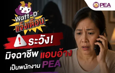 PEA เตือนภัยมิจฉาชีพแอบอ้างเป็นพนักงาน โทรเรียกเก็บค่าไฟฟ้าย้อนหลัง ย้ำอย่าหลงเชื่อ ตรวจสอบก่อนโอนทุกครั้ง