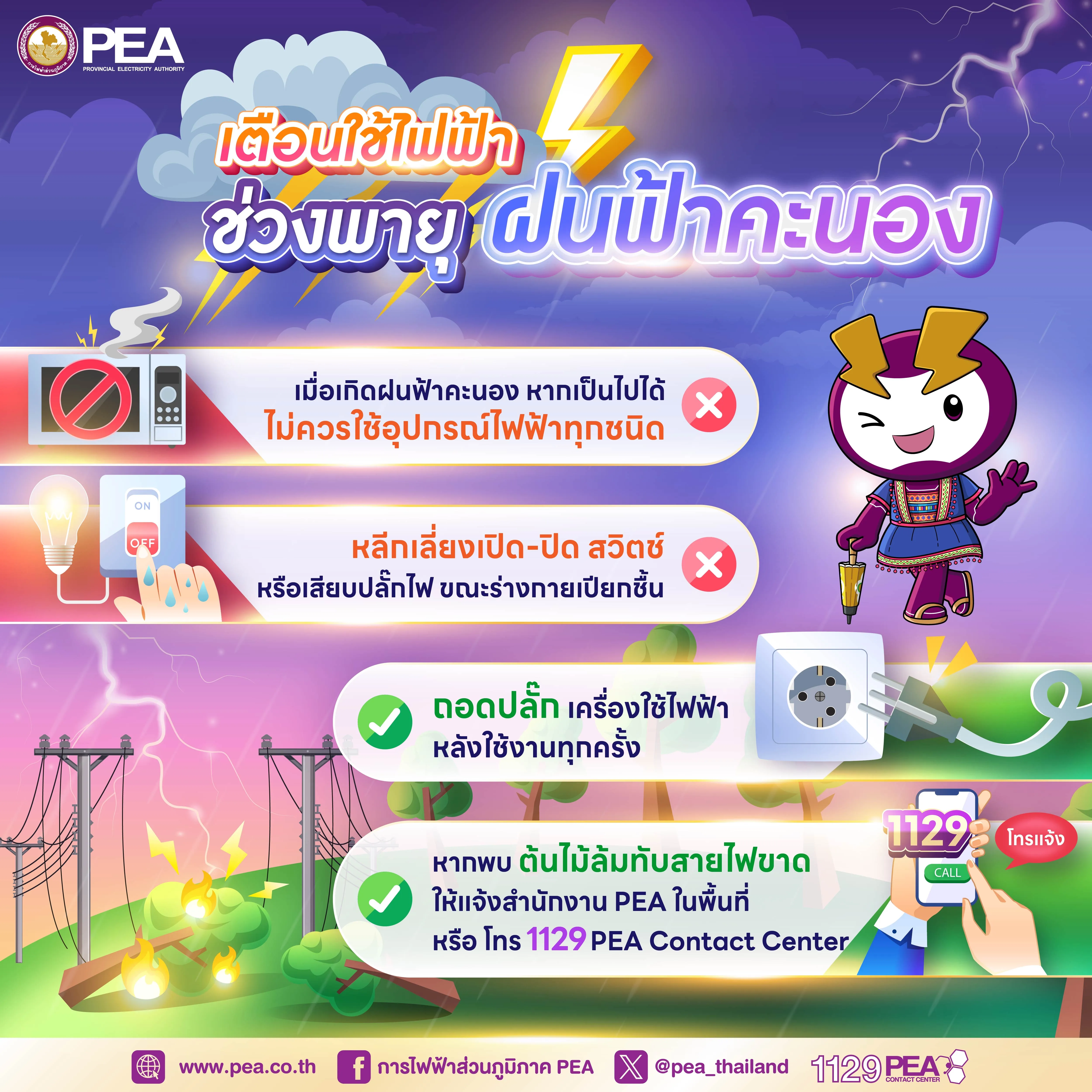 PEA เตือนภัยจากการใช้ไฟฟ้ากรณีเกิดพายุฝน