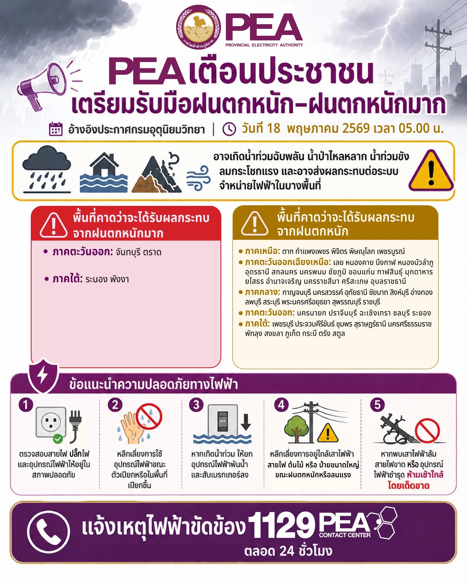 PEA เตือนประชาชนเตรียมรับมือฝนตกหนัก–หนักมาก