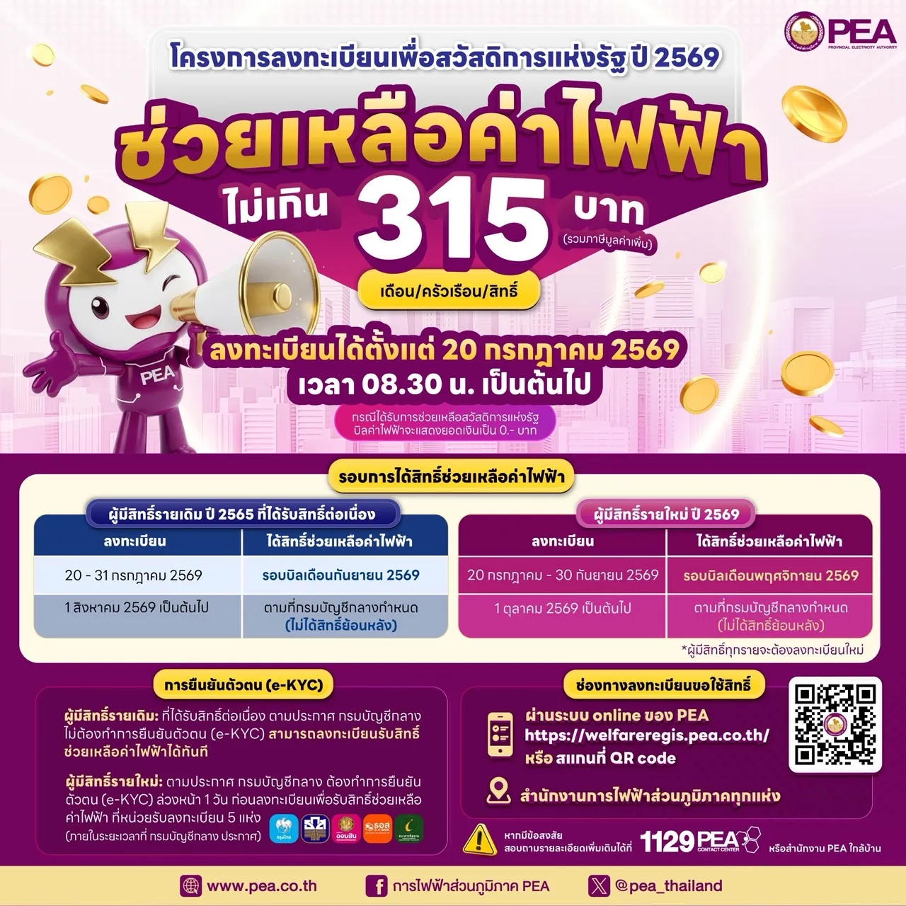 💜PEA เปิดลงทะเบียนช่วยเหลือค่าไฟฟ้า ไม่เกิน 315 บาท⚡️