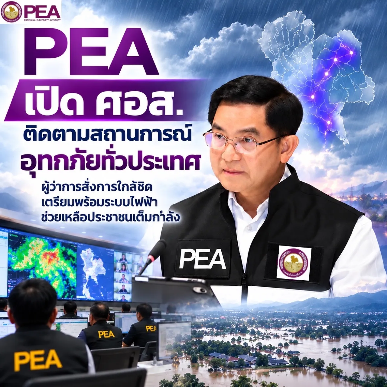 PEA เปิด ศอส. ติดตามสถานการณ์อุทกภัยทั่วประเทศ ผู้ว่าการสั่งการใกล้ชิด เตรียมพร้อมระบบไฟฟ้า–ช่วยเหลือประชาชนเต็มกำลัง